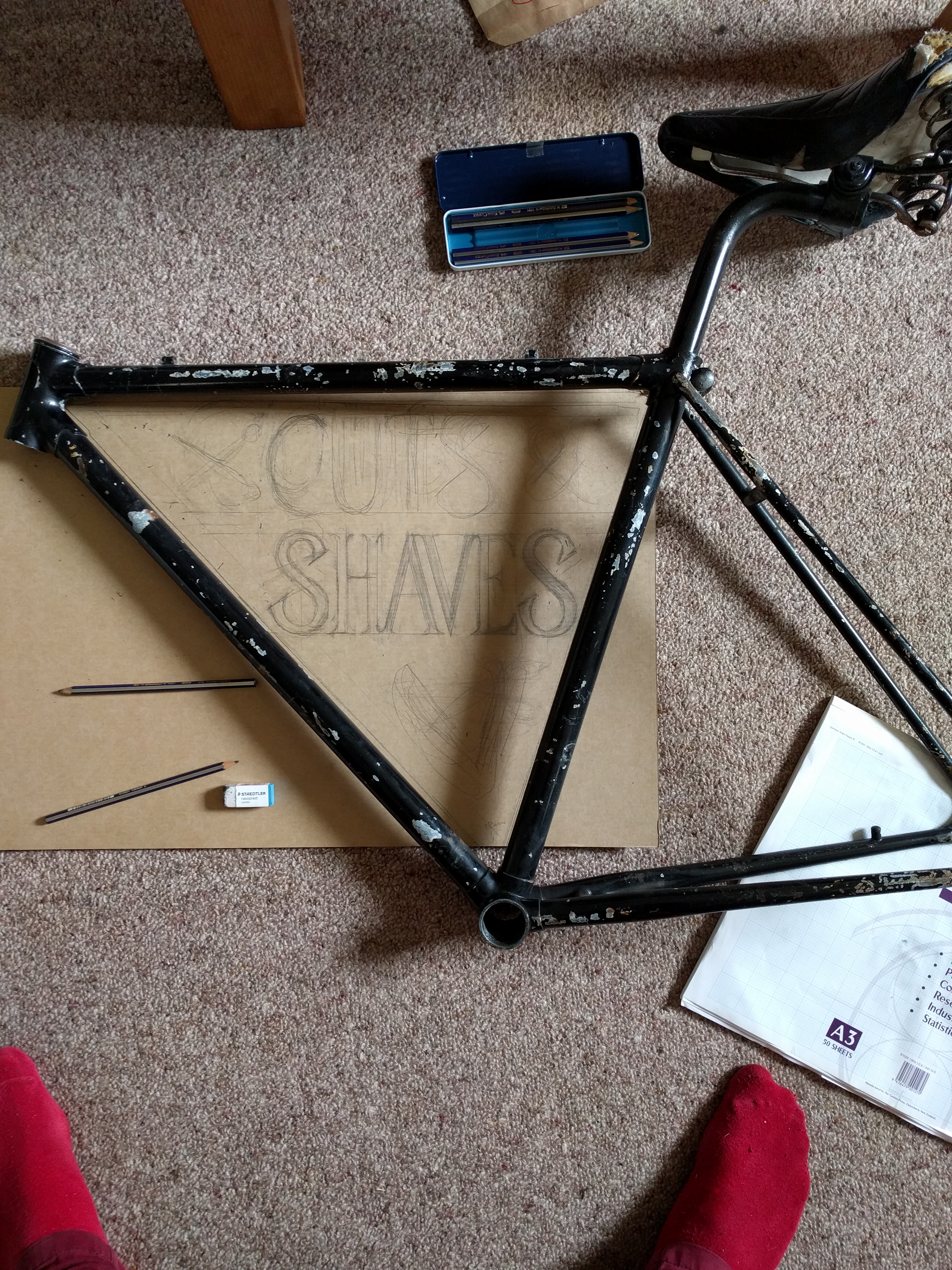 Rough sketch to establish letter spacing for the panel inside the frame