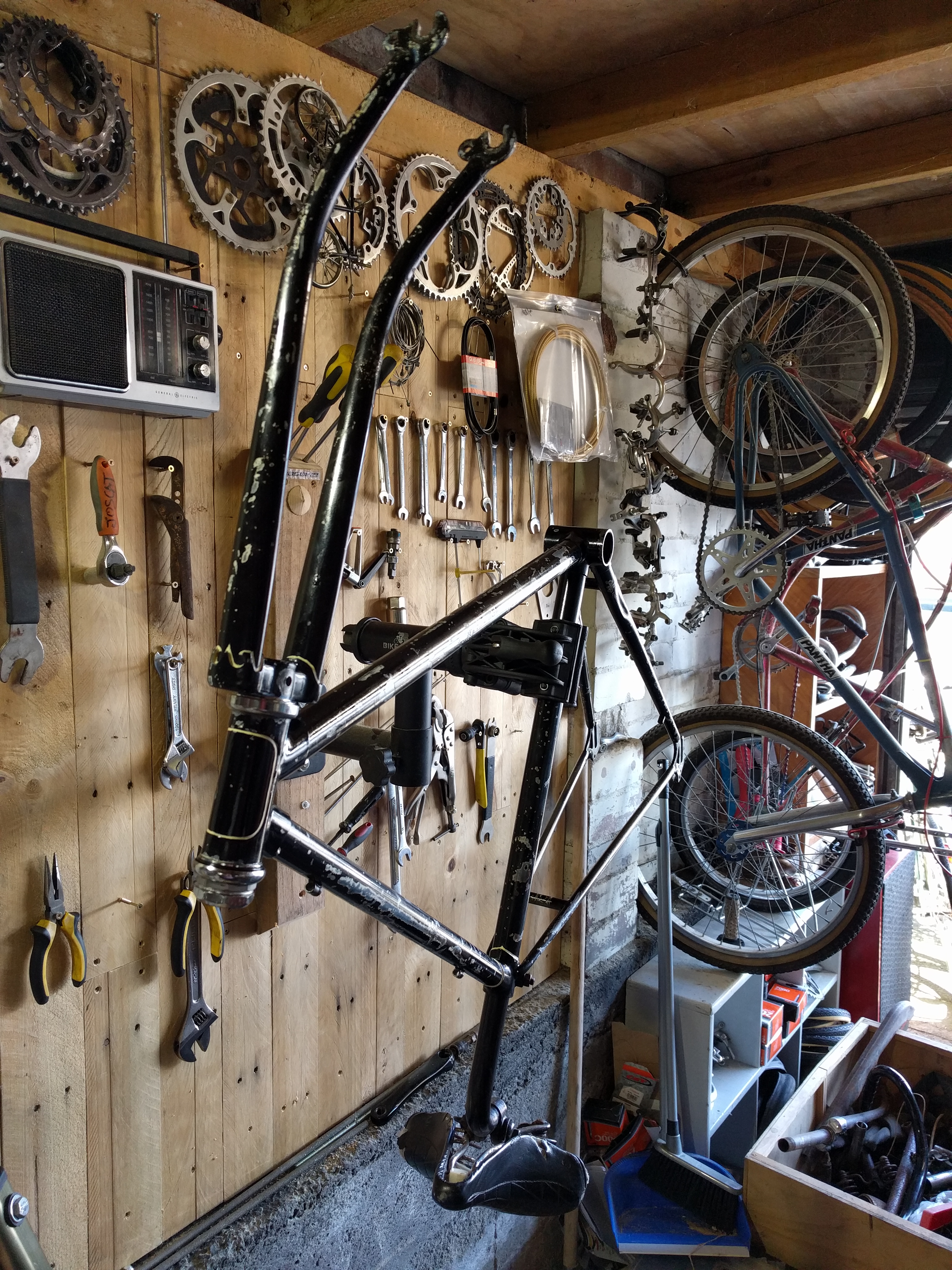 Assembly begins on the cleaned and pin-lined frame and fork